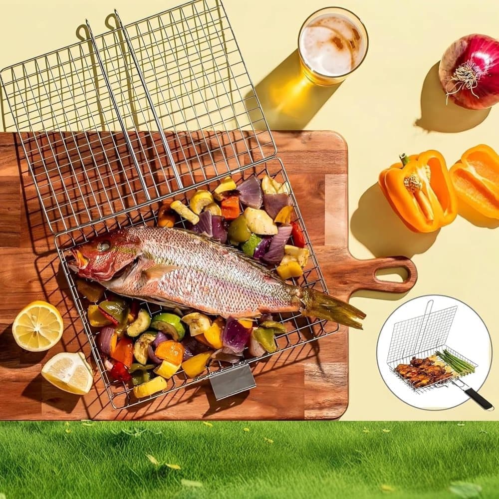 Foldable Grill Basket Stainless Steel for Fish Vegetables and Meat, Compatible with Camping and Outdoors, 46.5x32 cm
