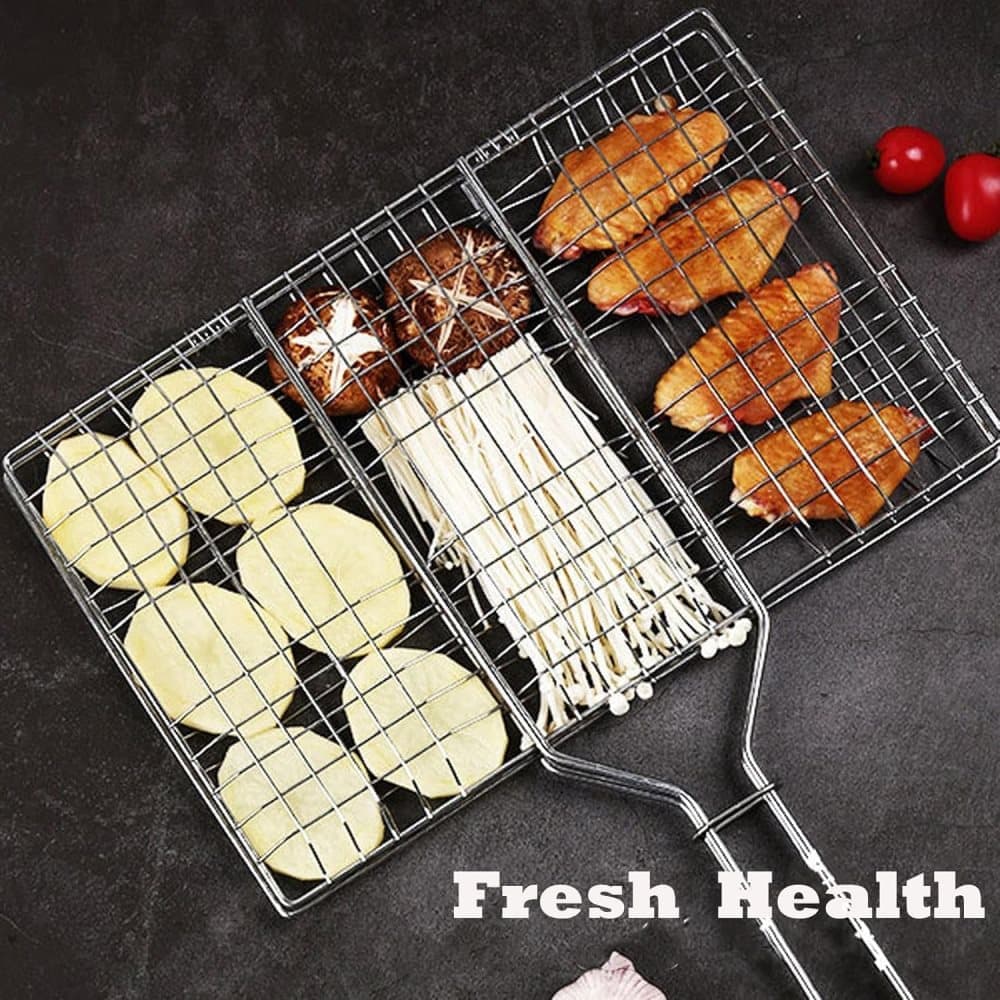 Foldable Grill Basket Stainless Steel for Fish Vegetables and Meat, Compatible with Camping and Outdoors, 46.5x32 cm