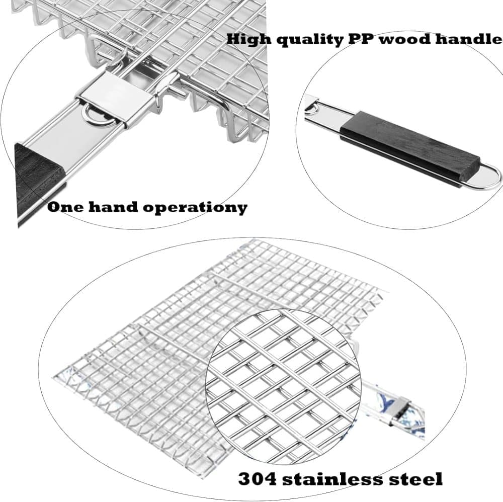 Foldable Grill Basket Stainless Steel for Fish Vegetables and Meat, Compatible with Camping and Outdoors, 46.5x32 cm