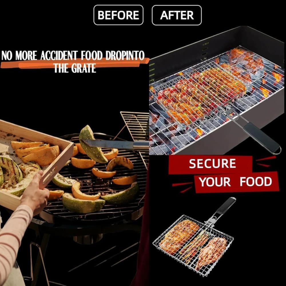 Foldable Grill Basket Stainless Steel for Fish Vegetables and Meat, Compatible with Camping and Outdoors, 46.5x32 cm
