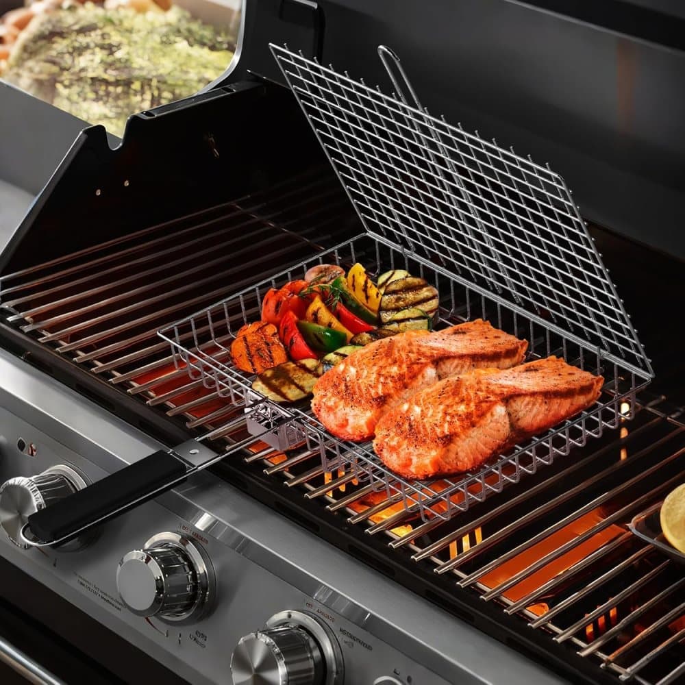 Foldable Grill Basket Stainless Steel for Fish Vegetables and Meat, Compatible with Camping and Outdoors, 46.5x32 cm