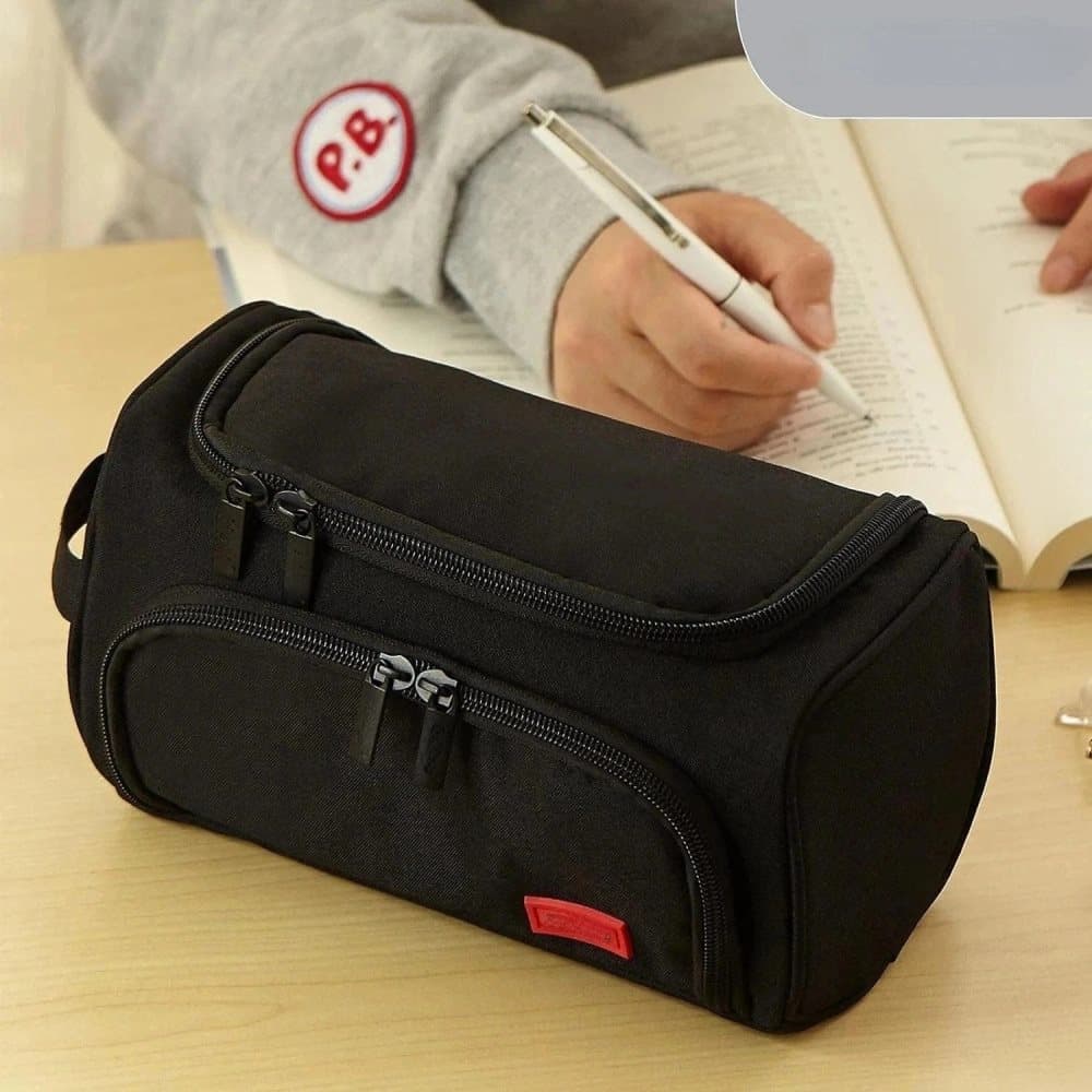 3-Layer School Pencil Case, Black, Multifunctional Spacious Pencil Bag for Pens and Stationery