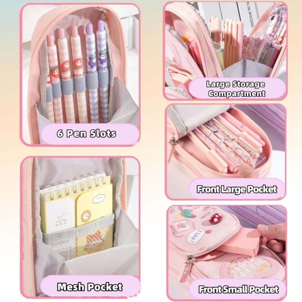 3 Compartments Cute Pencil Case Large Capacity Multifunctional Pencil Bag, Pink