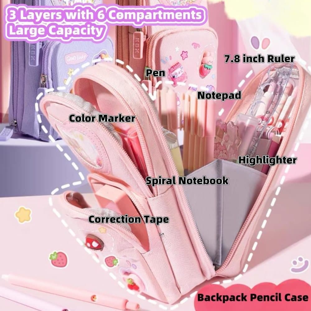 3 Compartments Cute Pencil Case Large Capacity Multifunctional Pencil Bag, Pink