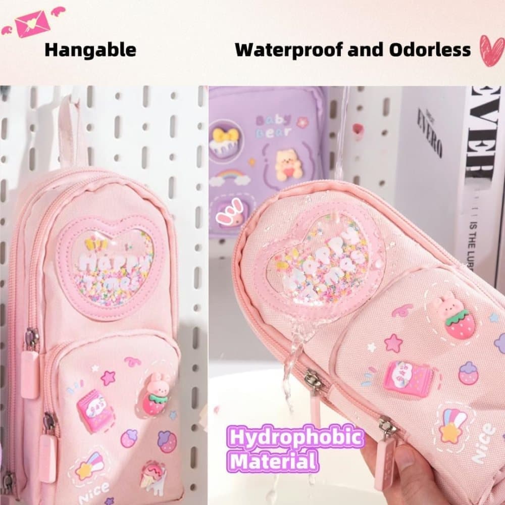 3 Compartments Cute Pencil Case Large Capacity Multifunctional Pencil Bag, Pink