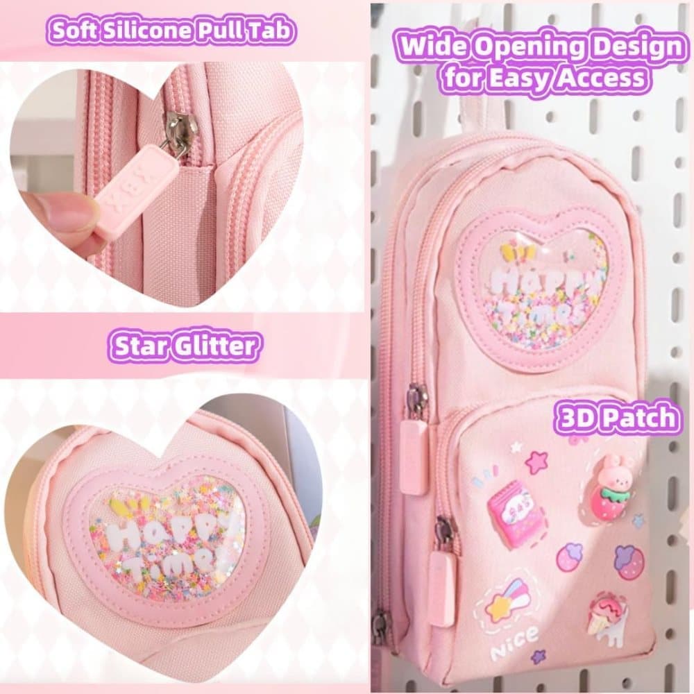 3 Compartments Cute Pencil Case Large Capacity Multifunctional Pencil Bag, Pink