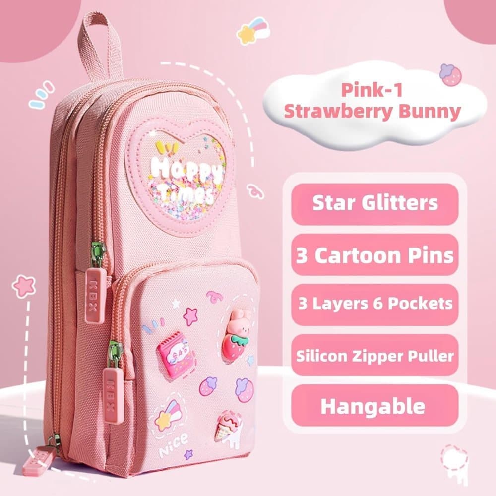 3 Compartments Cute Pencil Case Large Capacity Multifunctional Pencil Bag, Pink