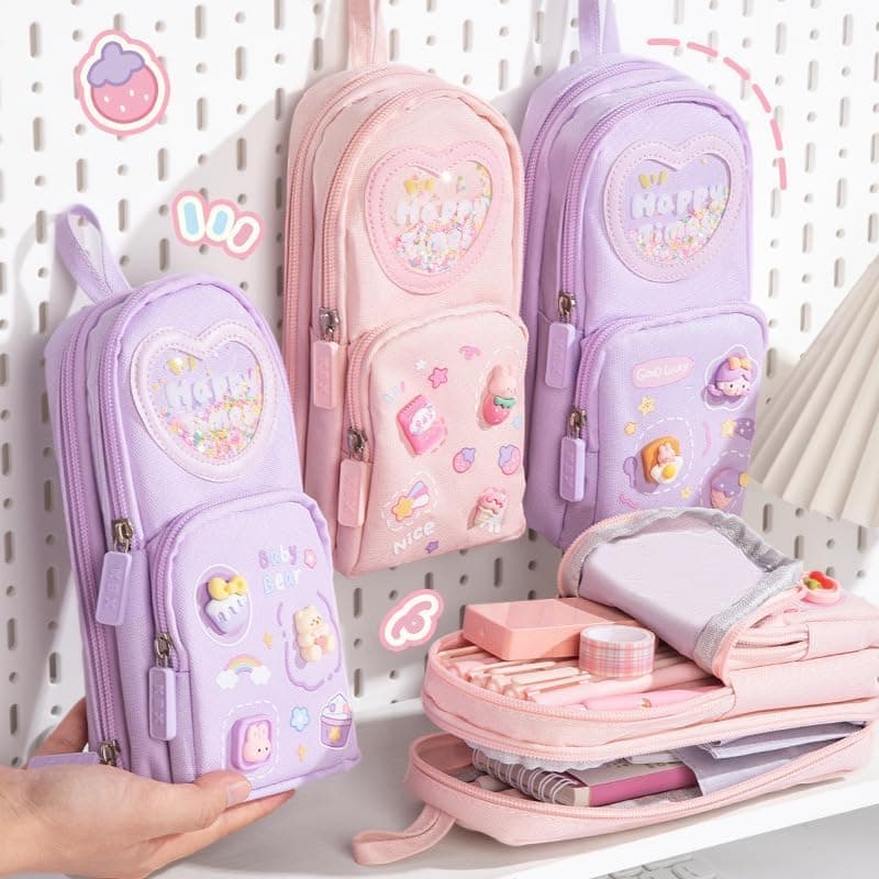Large Capacity Cute Pencil Case with 3 Compartments, Purple