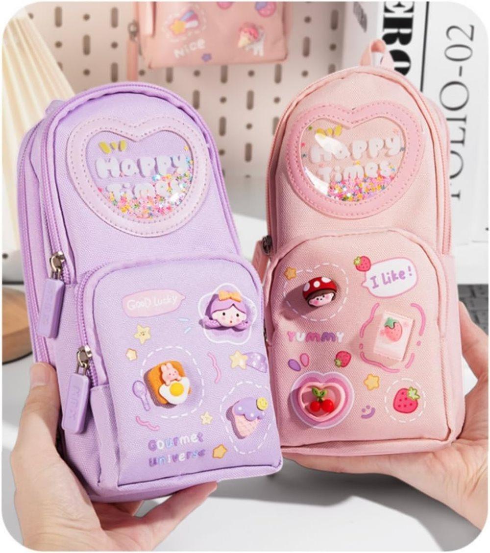 Large Capacity Cute Pencil Case with 3 Compartments, Purple