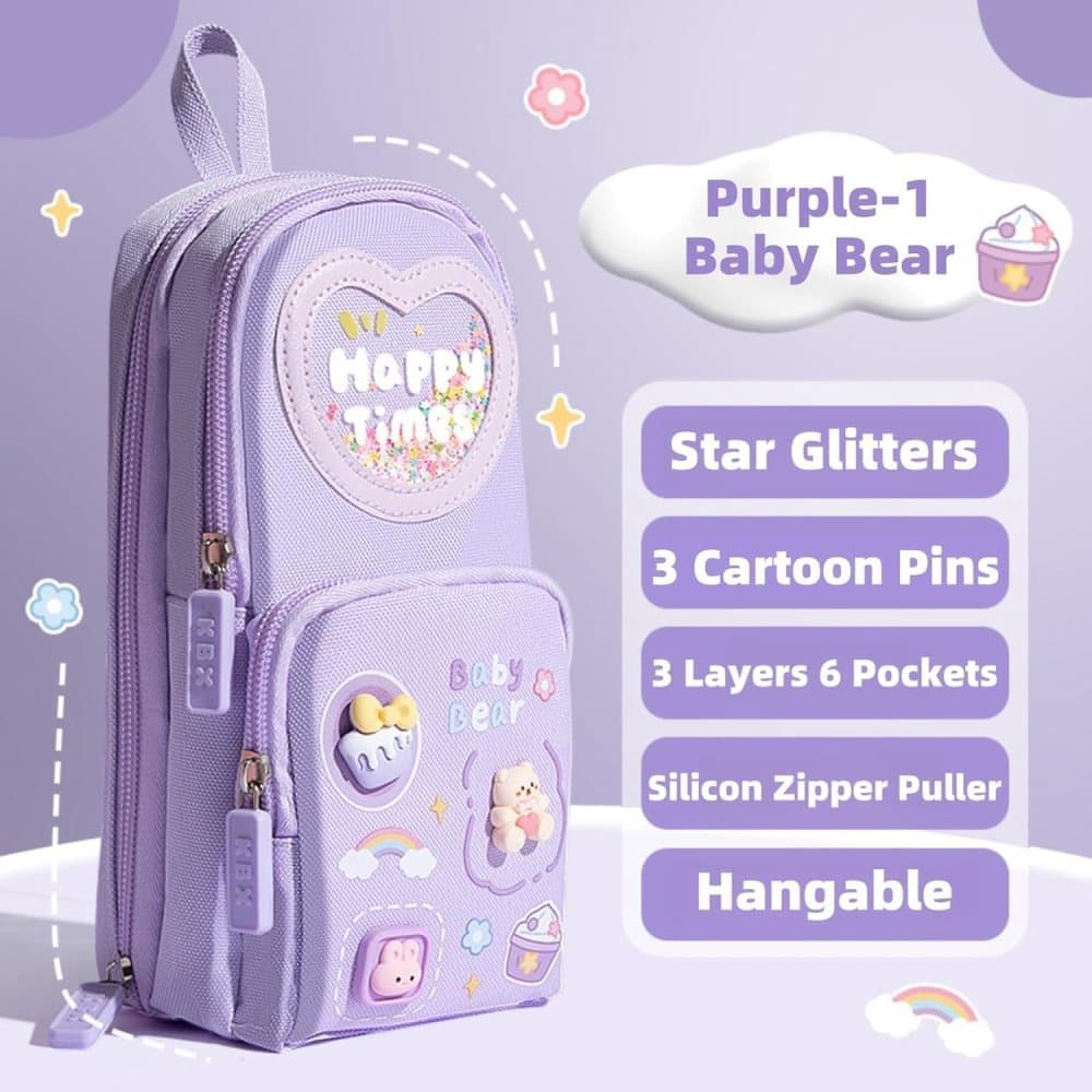 Large Capacity Cute Pencil Case with 3 Compartments, Purple