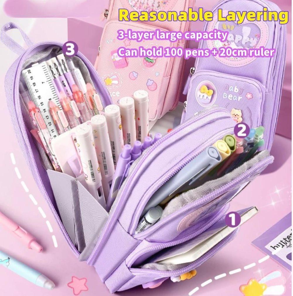 3 Compartments Multifunctional Pencil Case Large Capacity, Purple
