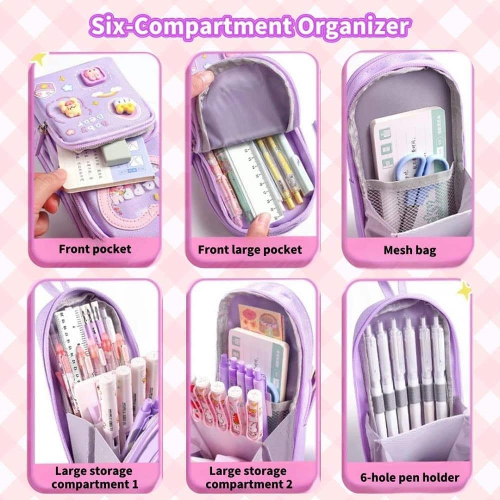 3 Compartments Multifunctional Pencil Case Large Capacity, Purple