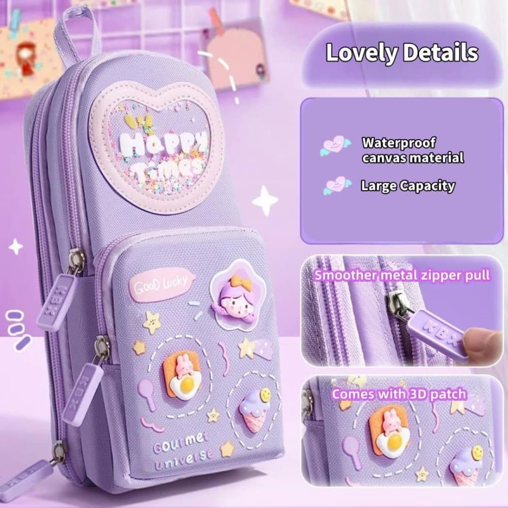3 Compartments Multifunctional Pencil Case Large Capacity, Purple