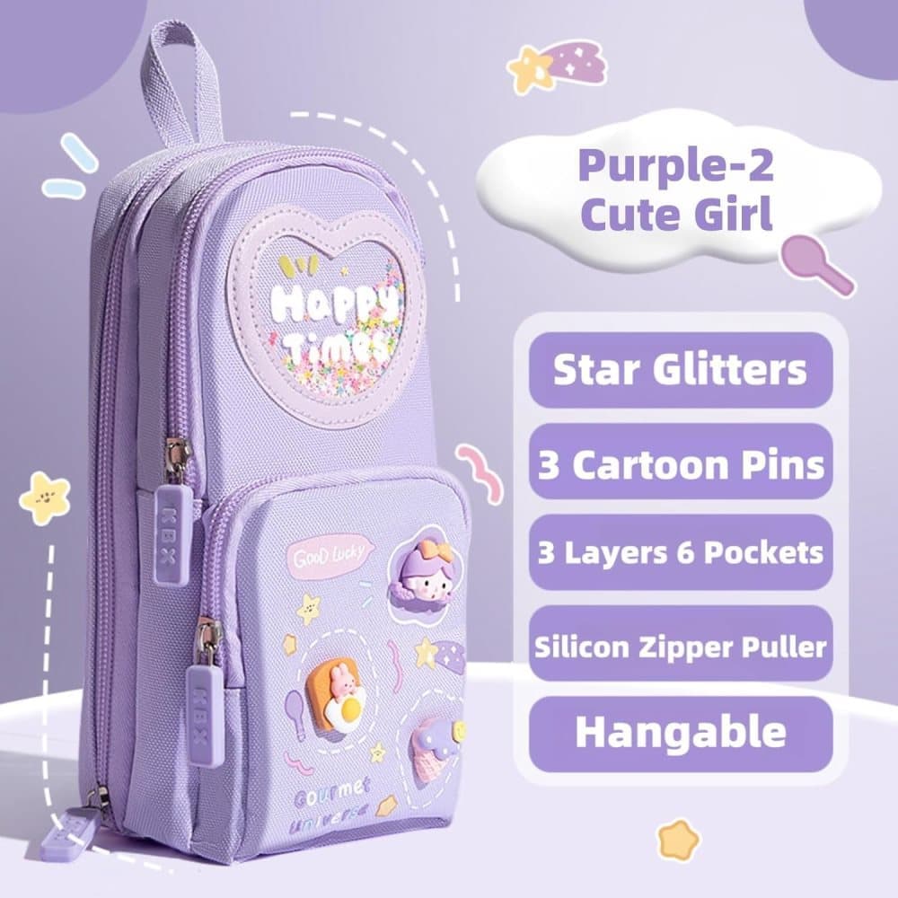 3 Compartments Multifunctional Pencil Case Large Capacity, Purple