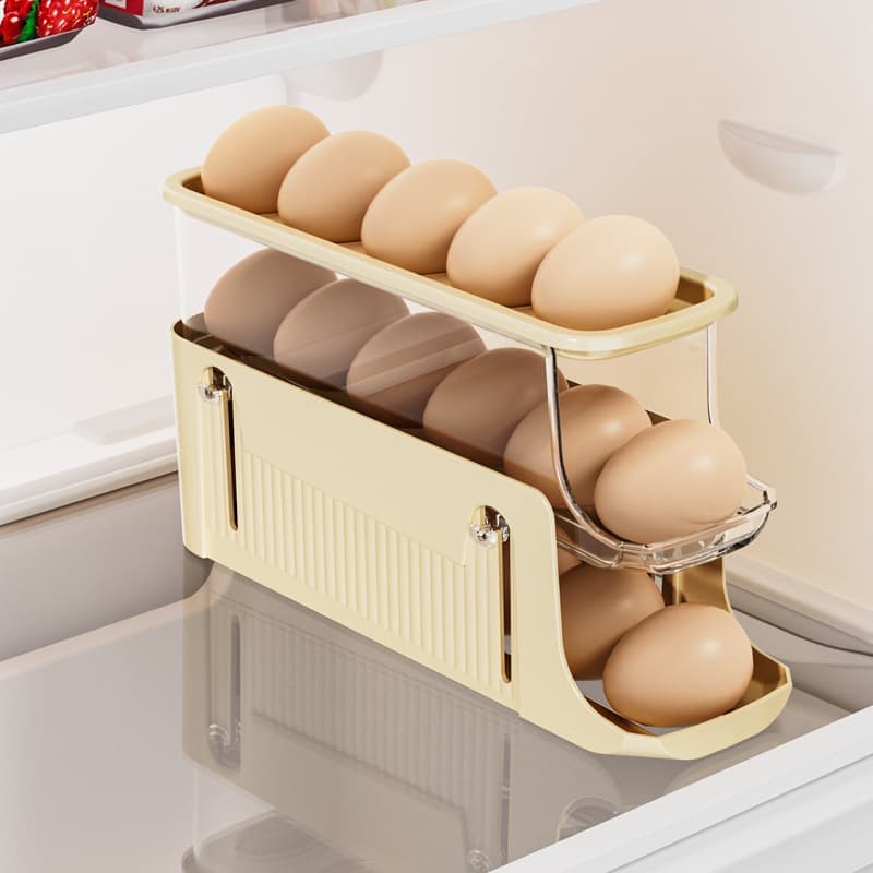 30 Eggs Egg Container 2-Pack, Foldable Automatic Rolling Egg Holder with Dispenser for Refrigerator, 2-3 Levels, Yellow