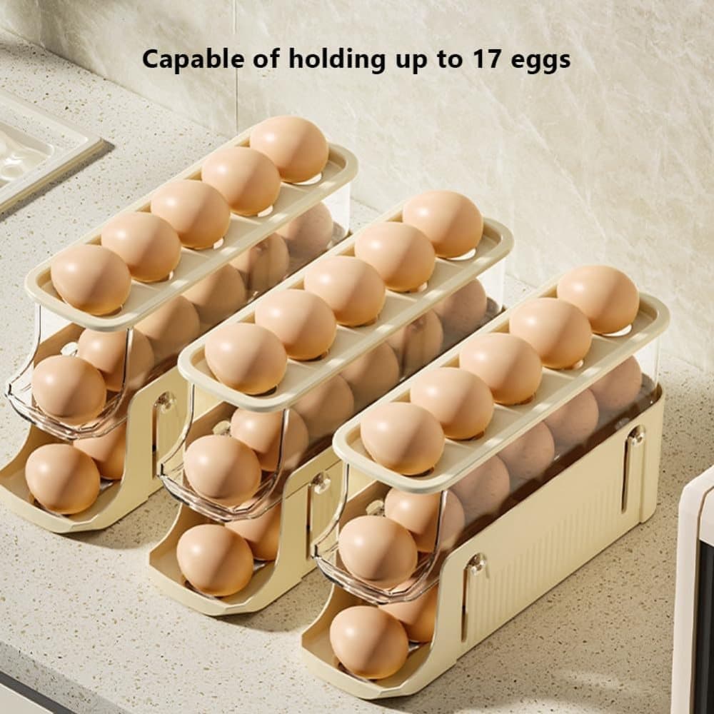 30 Eggs Egg Container 2-Pack, Foldable Automatic Rolling Egg Holder with Dispenser for Refrigerator, 2-3 Levels, Yellow