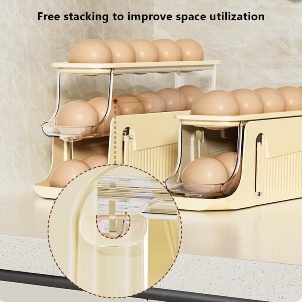 30 Eggs Egg Container 2-Pack, Foldable Automatic Rolling Egg Holder with Dispenser for Refrigerator, 2-3 Levels, Yellow
