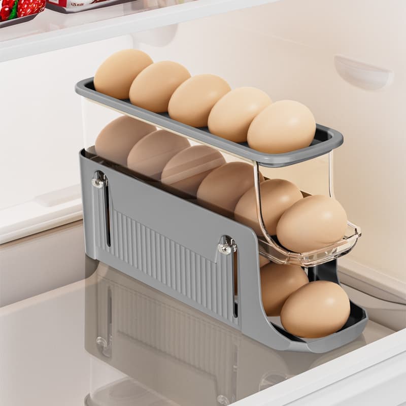 30 Eggs Egg Container 2-Pack, Automatic Rolling Foldable Egg Holder with Dispenser for Refrigerator, 2-3 Levels, Gray