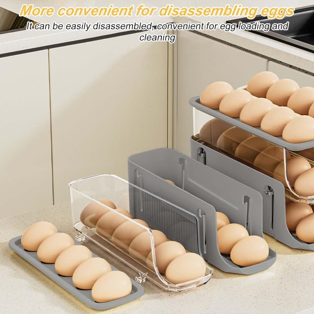 30 Eggs Egg Container 2-Pack, Automatic Rolling Foldable Egg Holder with Dispenser for Refrigerator, 2-3 Levels, Gray