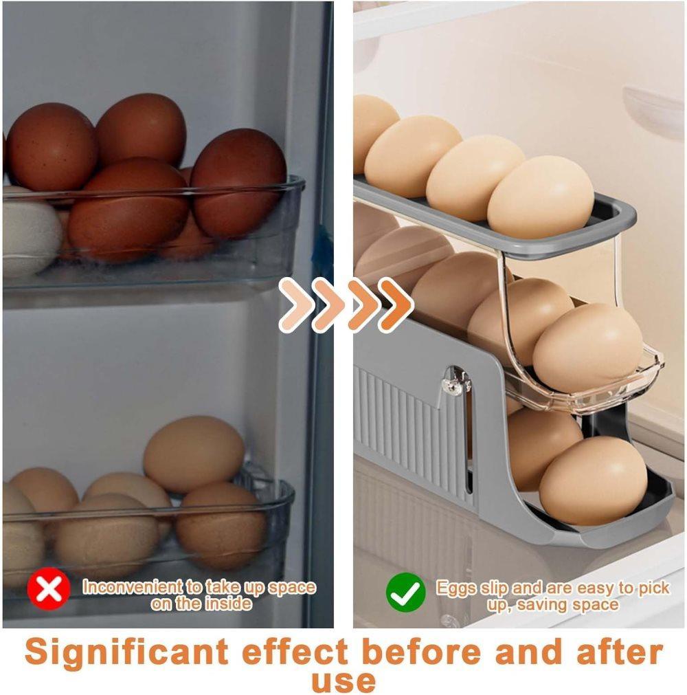 30 Eggs Egg Container 2-Pack, Automatic Rolling Foldable Egg Holder with Dispenser for Refrigerator, 2-3 Levels, Gray