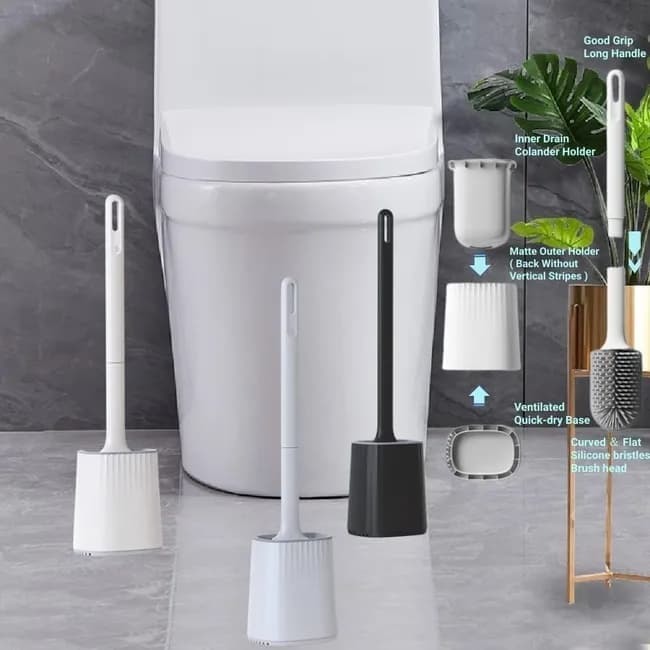 1 pcs Silicone Toilet Brush with Holder, Black, Standing or Wall Mounted, Deep Cleaning Brush for Bathroom and Toilet