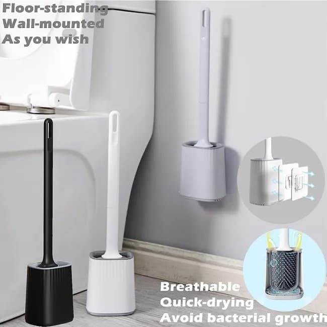 1 pcs Silicone Toilet Brush with Holder, Black, Standing or Wall Mounted, Deep Cleaning Brush for Bathroom and Toilet