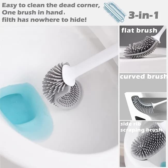 1 pcs Silicone Toilet Brush with Holder, Black, Standing or Wall Mounted, Deep Cleaning Brush for Bathroom and Toilet
