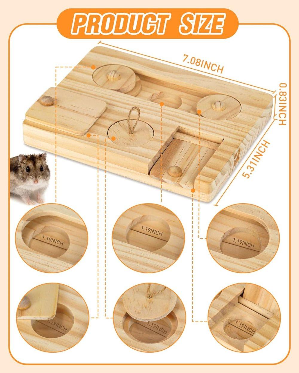 6-in-1 Hamster Feeder Interactive Wooden Game with Treat Dispenser and Rodent Search Toy for Hamsters Rabbits Chinchillas Gerbils