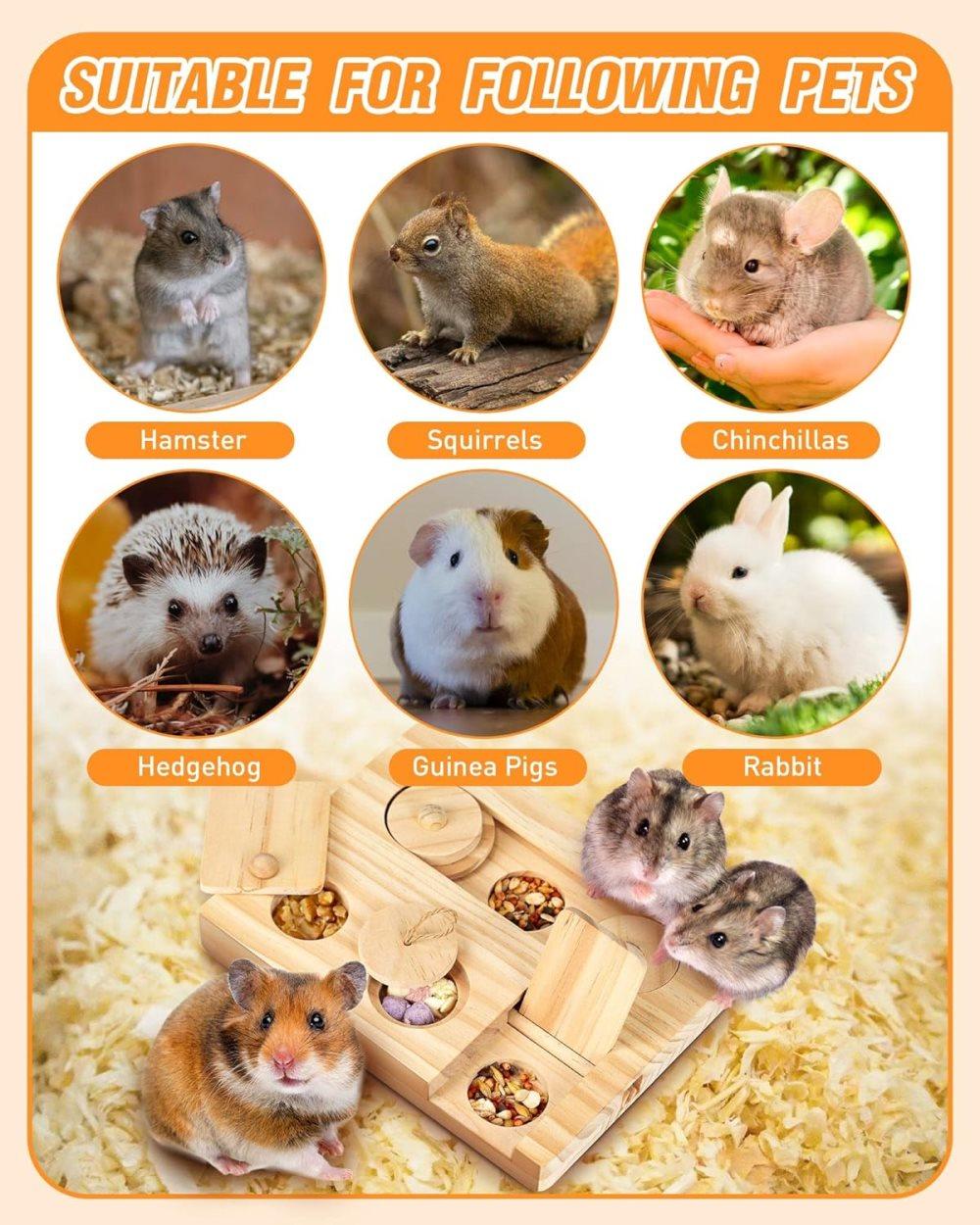 6-in-1 Hamster Feeder Interactive Wooden Game with Treat Dispenser and Rodent Search Toy for Hamsters Rabbits Chinchillas Gerbils