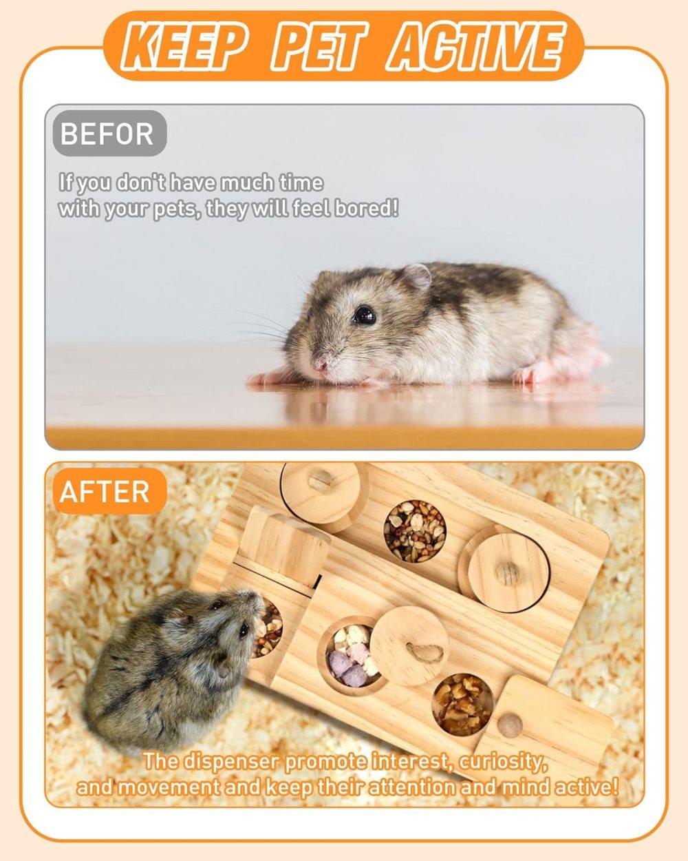 6-in-1 Hamster Feeder Interactive Wooden Game with Treat Dispenser and Rodent Search Toy for Hamsters Rabbits Chinchillas Gerbils
