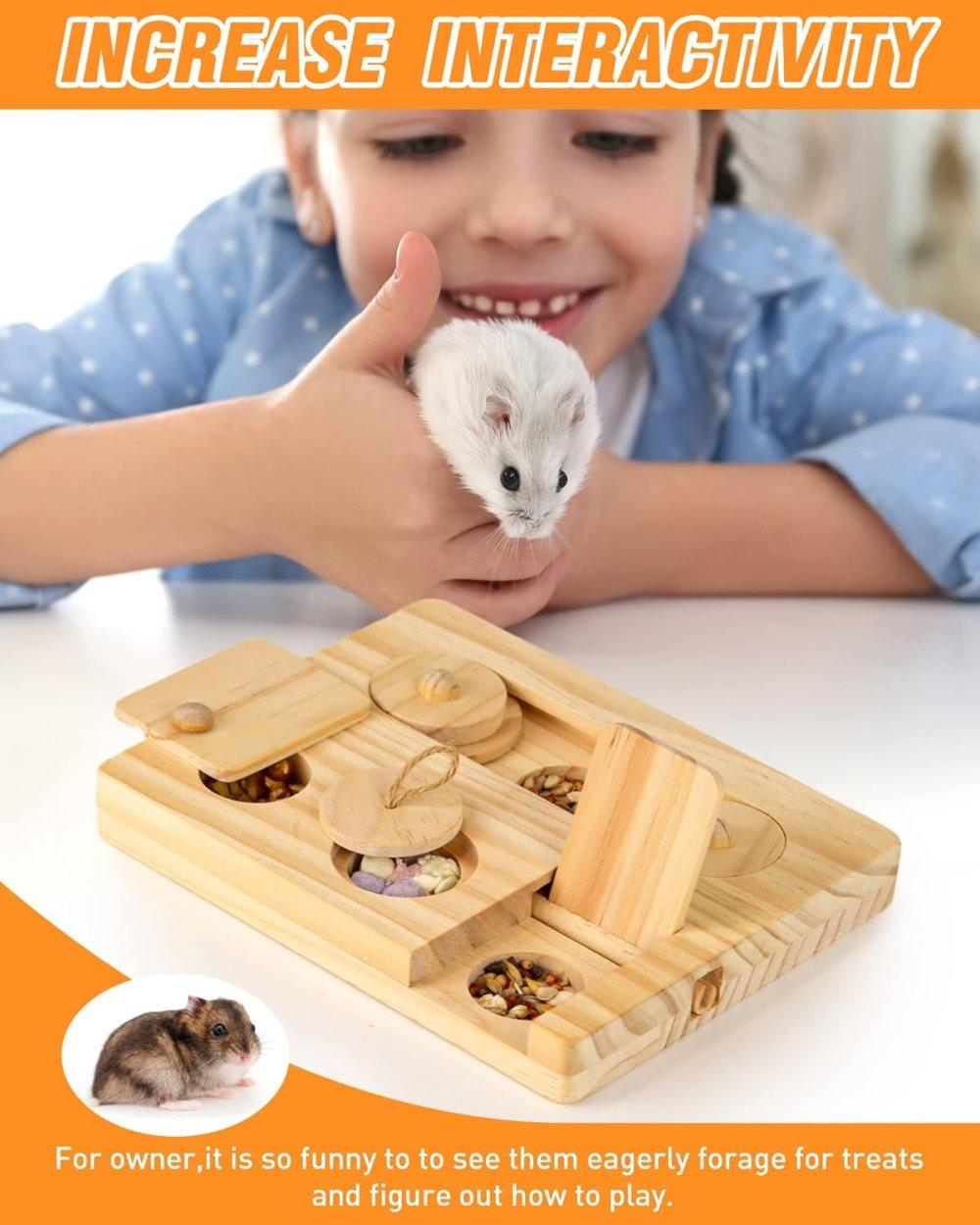 6-in-1 Hamster Feeder Interactive Wooden Game with Treat Dispenser and Rodent Search Toy for Hamsters Rabbits Chinchillas Gerbils