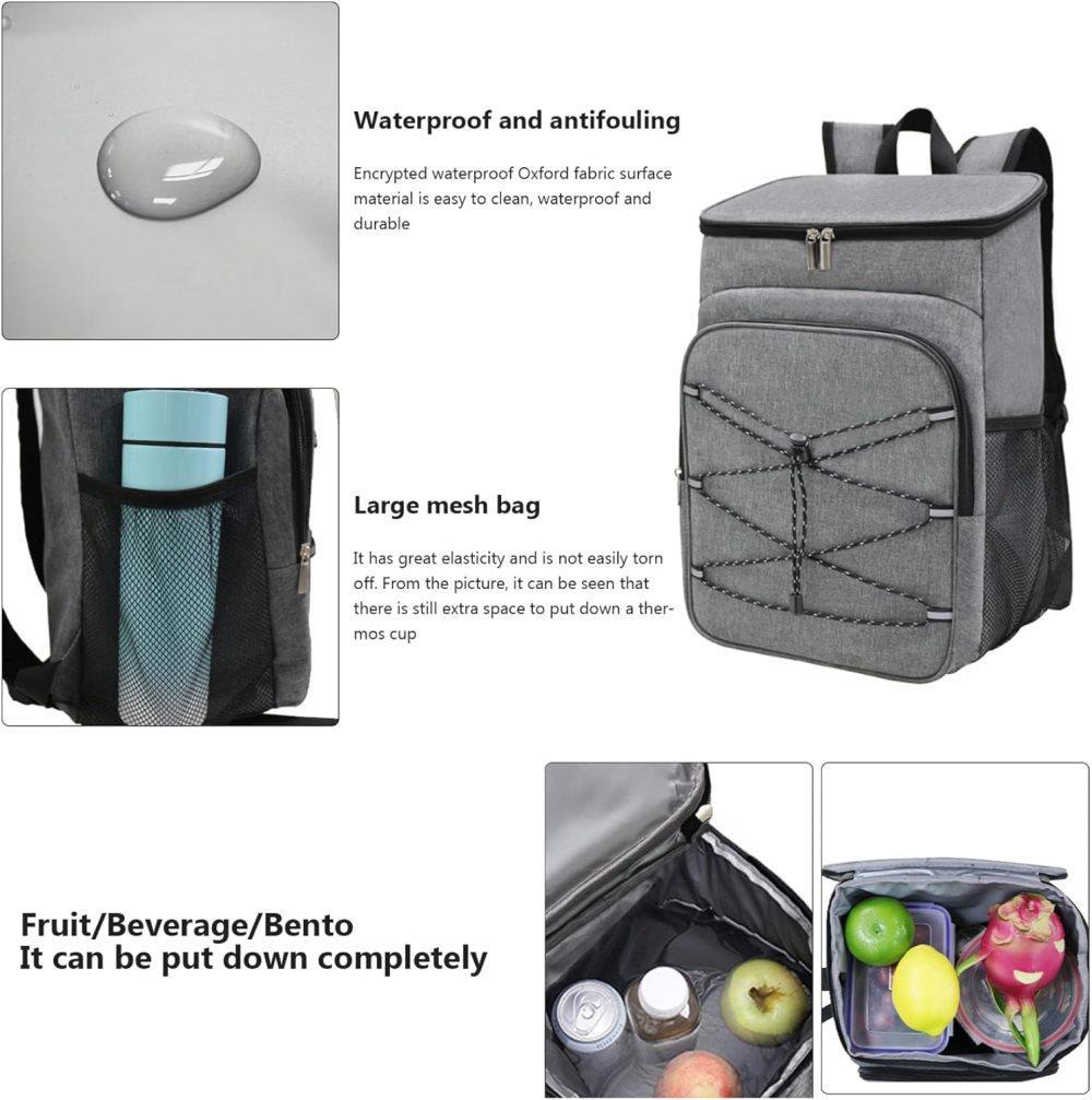 Insulated Backpack Cooler Bag Large Capacity Waterproof for Picnic Camping Lunch Grill, Gray