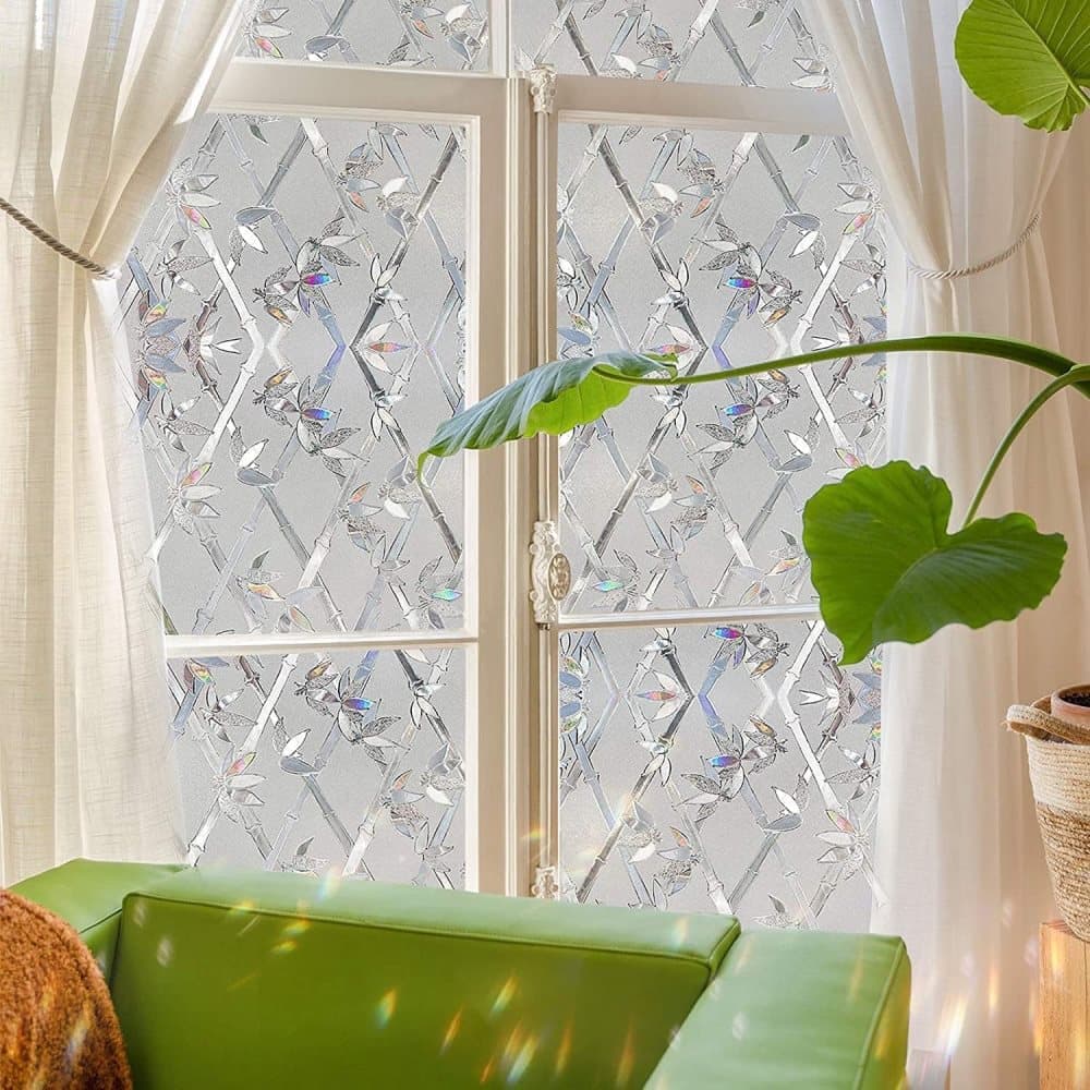 Stained Glass Effect 3D Plant Motif Window Film, Decorative Privacy Window Decal