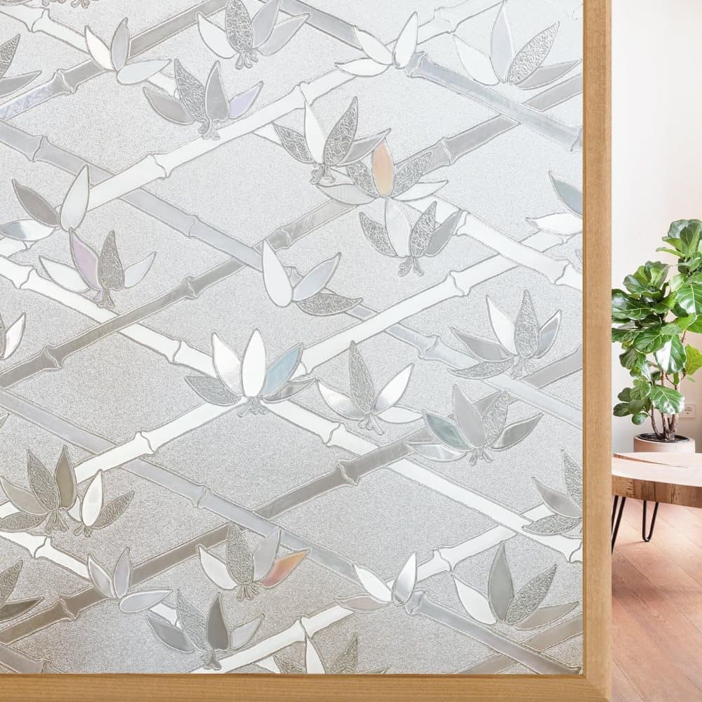 Stained Glass Effect 3D Plant Motif Window Film, Decorative Privacy Window Decal
