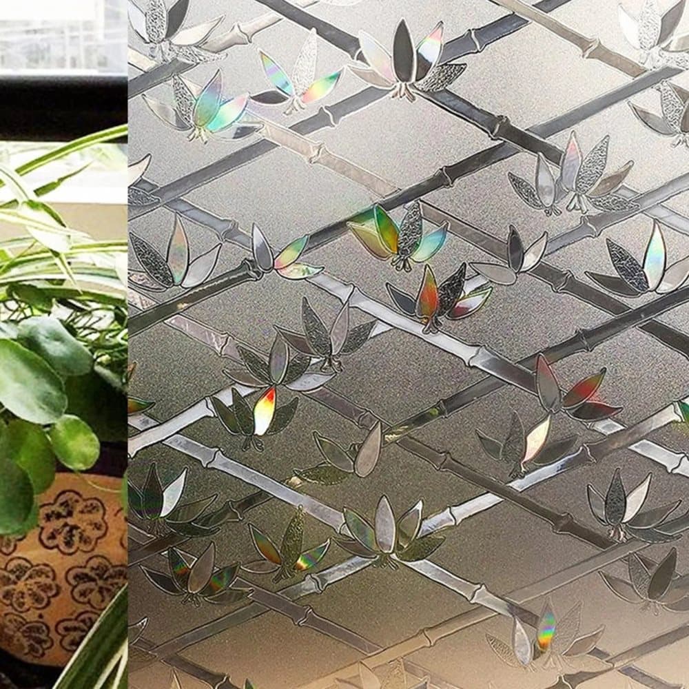 Stained Glass Effect 3D Plant Motif Window Film, Decorative Privacy Window Decal