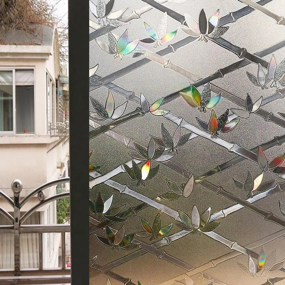 Stained Glass Effect 3D Plant Motif Window Film, Decorative Privacy Window Decal