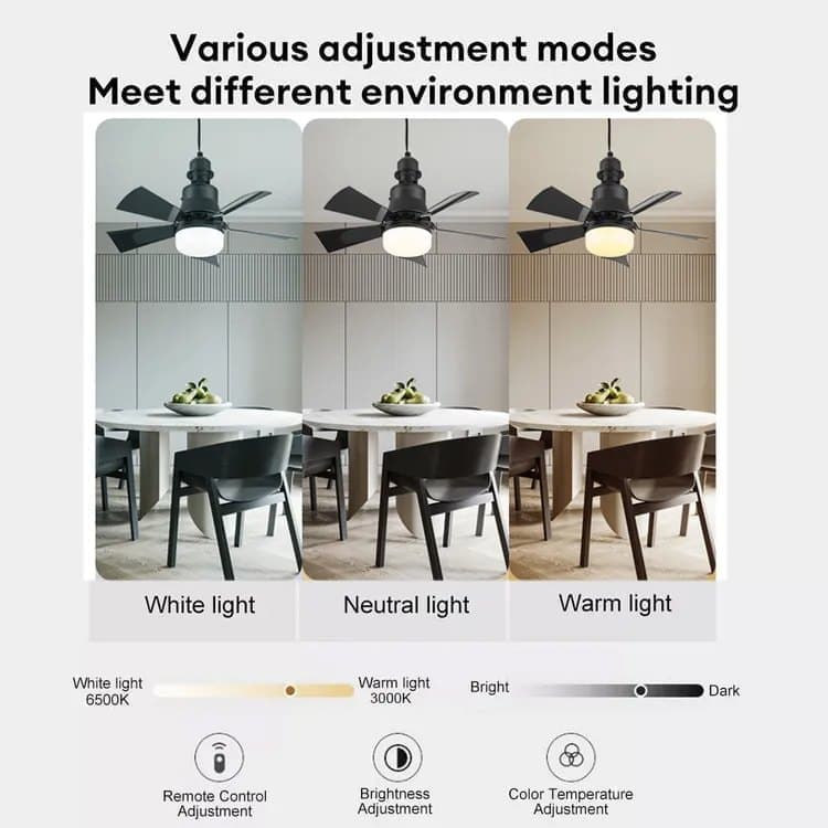 52 Inch Ceiling Fan with Remote Control, 3 Speeds, LED E27, 3 Light Colors, Black