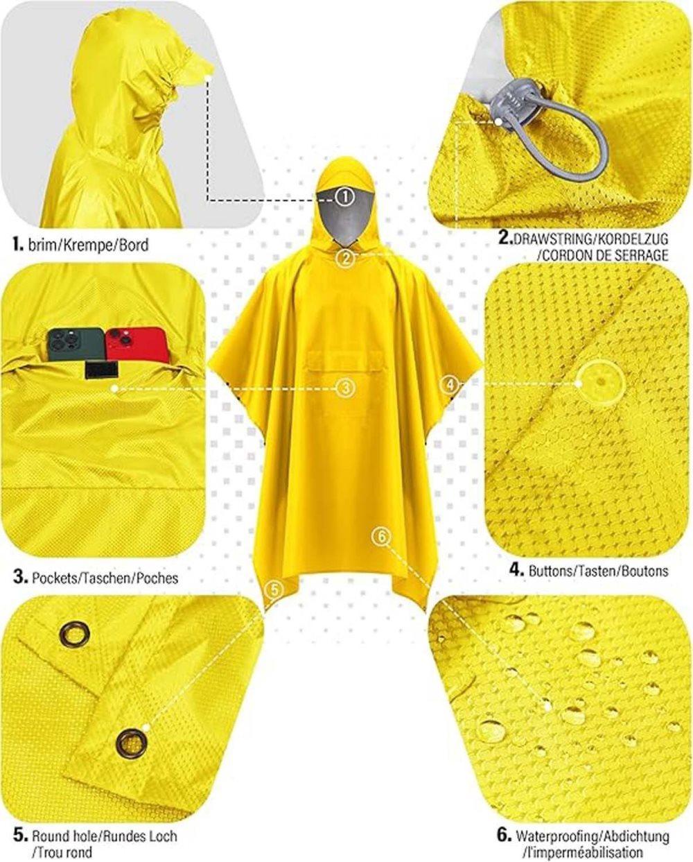 3-in-1 Waterproof Rain Jacket Poncho with Hood, Breathable Outdoor Raincoat, Yellow