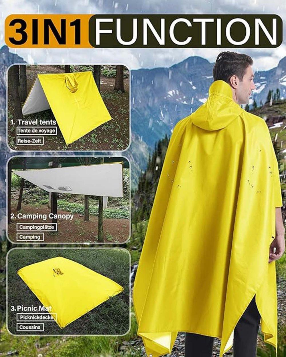 3-in-1 Waterproof Rain Jacket Poncho with Hood, Breathable Outdoor Raincoat, Yellow