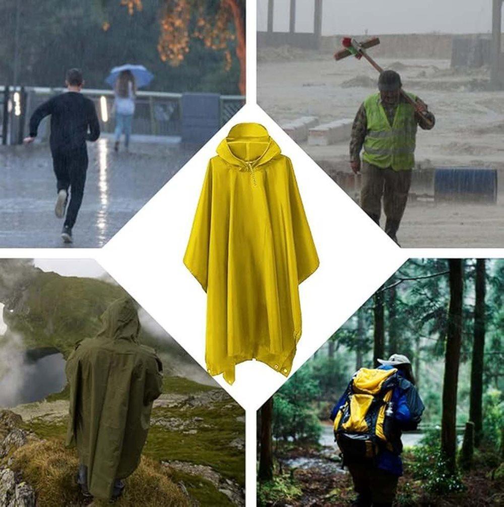 3-in-1 Waterproof Rain Jacket Poncho with Hood, Breathable Outdoor Raincoat, Yellow