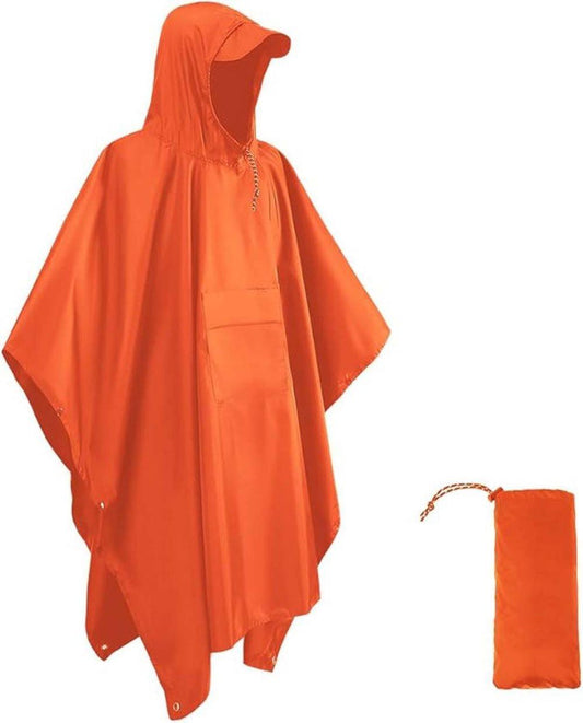 Breathable Waterproof 3-in-1 Rain Jacket Poncho with Hood for Outdoor Activities, Orange