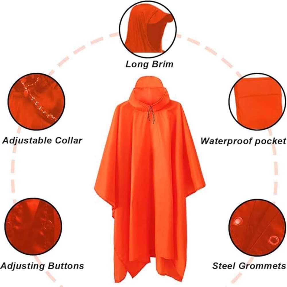 Breathable Waterproof 3-in-1 Rain Jacket Poncho with Hood for Outdoor Activities, Orange