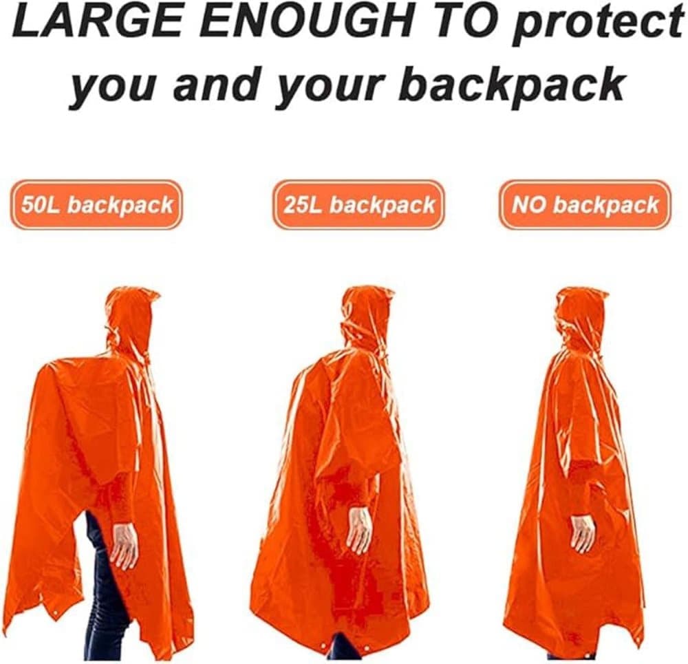 Breathable Waterproof 3-in-1 Rain Jacket Poncho with Hood for Outdoor Activities, Orange