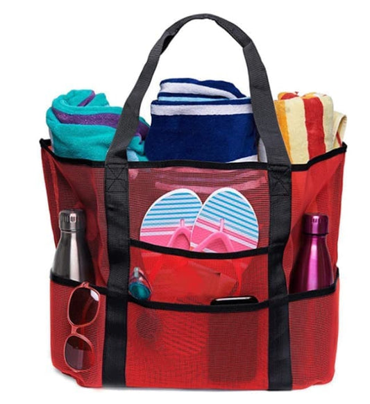 6-Pocket Foldable Mesh Beach Bag for Family Picnic, One Size, Red
