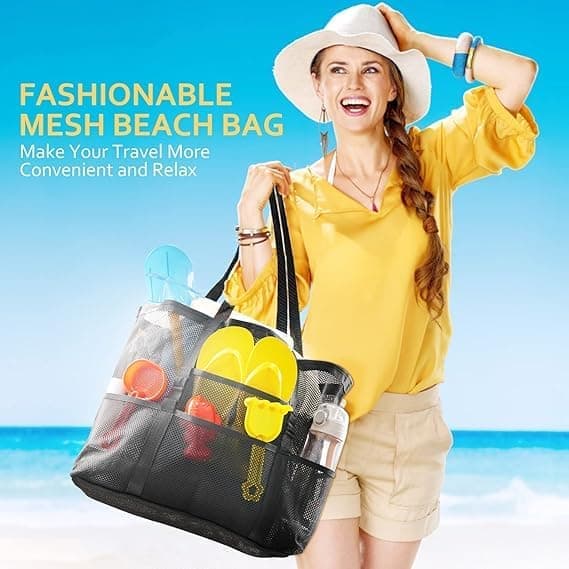 6-Pocket Foldable Mesh Beach Bag for Family Picnic, One Size, Red