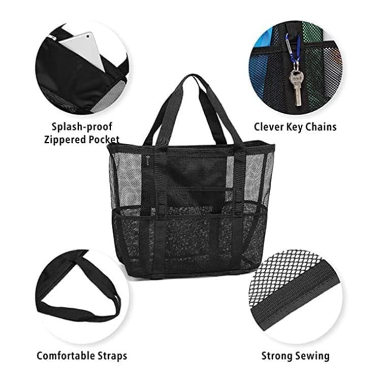 Foldable Beach Bag with 6 Mesh Pockets for Family Picnic, Green, 1 Pack