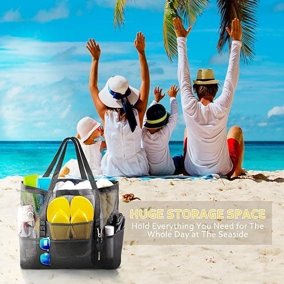 Foldable Beach Bag with 6 Mesh Pockets for Family Picnic, Green, 1 Pack