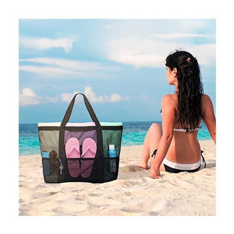 Foldable Beach Bag with 6 Mesh Pockets for Family Picnic, Green, 1 Pack