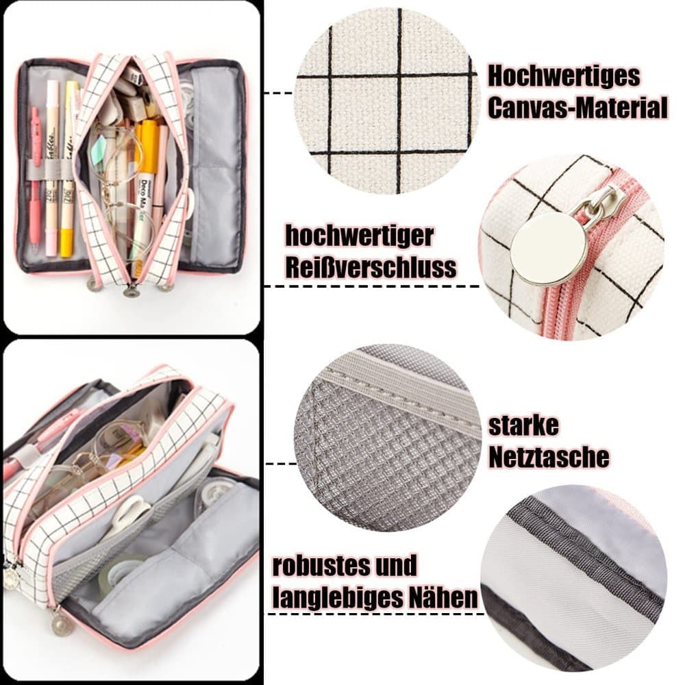 White Spacious Pencil Case with 3 Compartments, School Pencil Bag, Multifunctional Holder