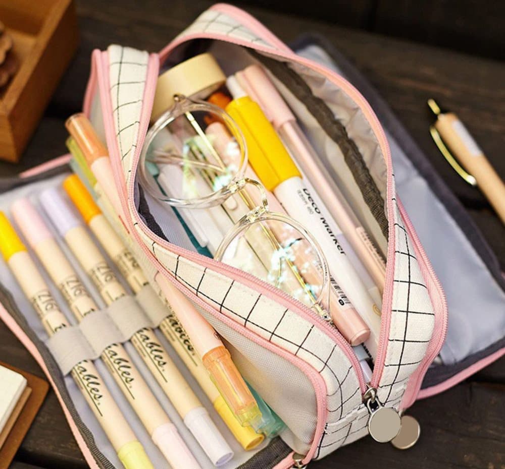 White Spacious Pencil Case with 3 Compartments, School Pencil Bag, Multifunctional Holder